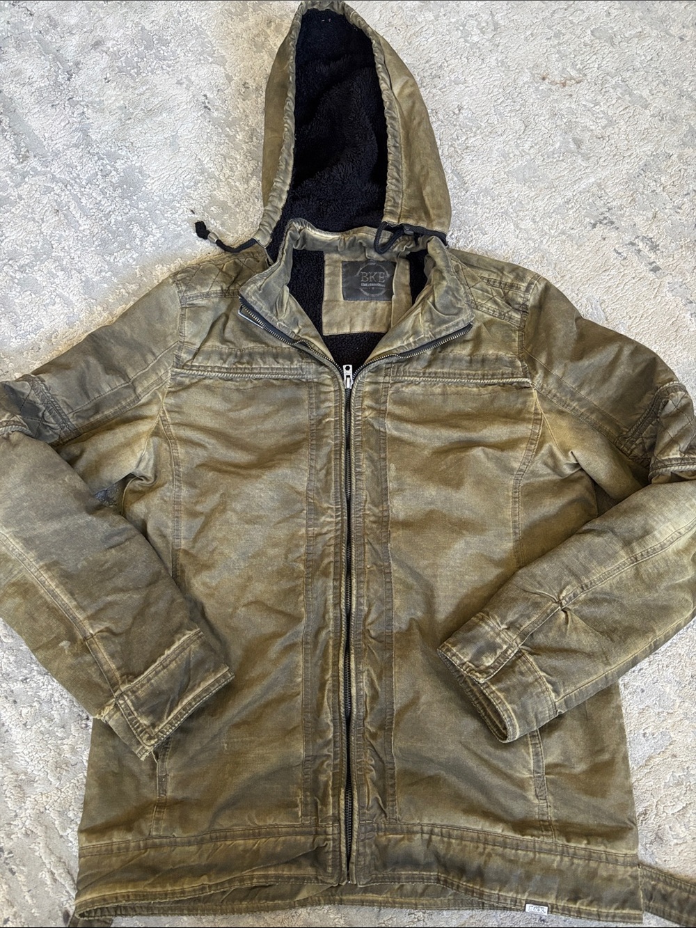 BKE Men's Olive Green Military Field Jacket with Black Sherpa Hood
